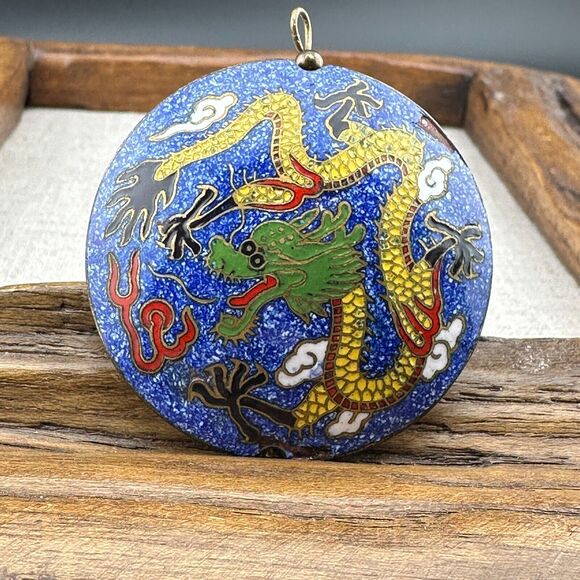 Vintage Round Puffy Double Sided Chinese Dragon Cloisonne Pendant 1.75" Blue - Picture 2 of 13